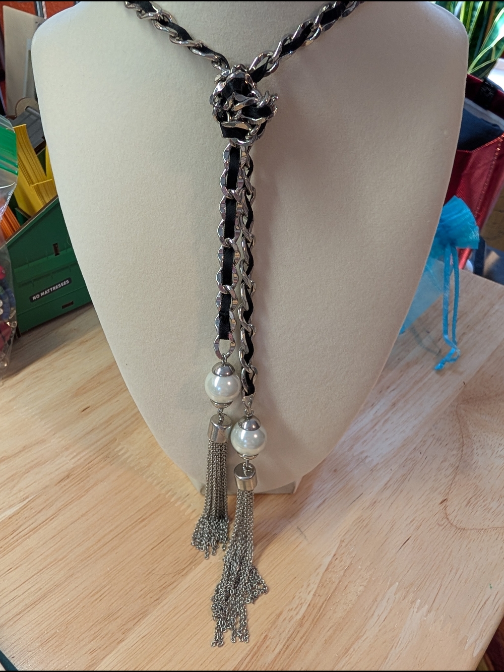 Silver Chain Lariat Necklace with Black Leather Weave and Pearl Tassels